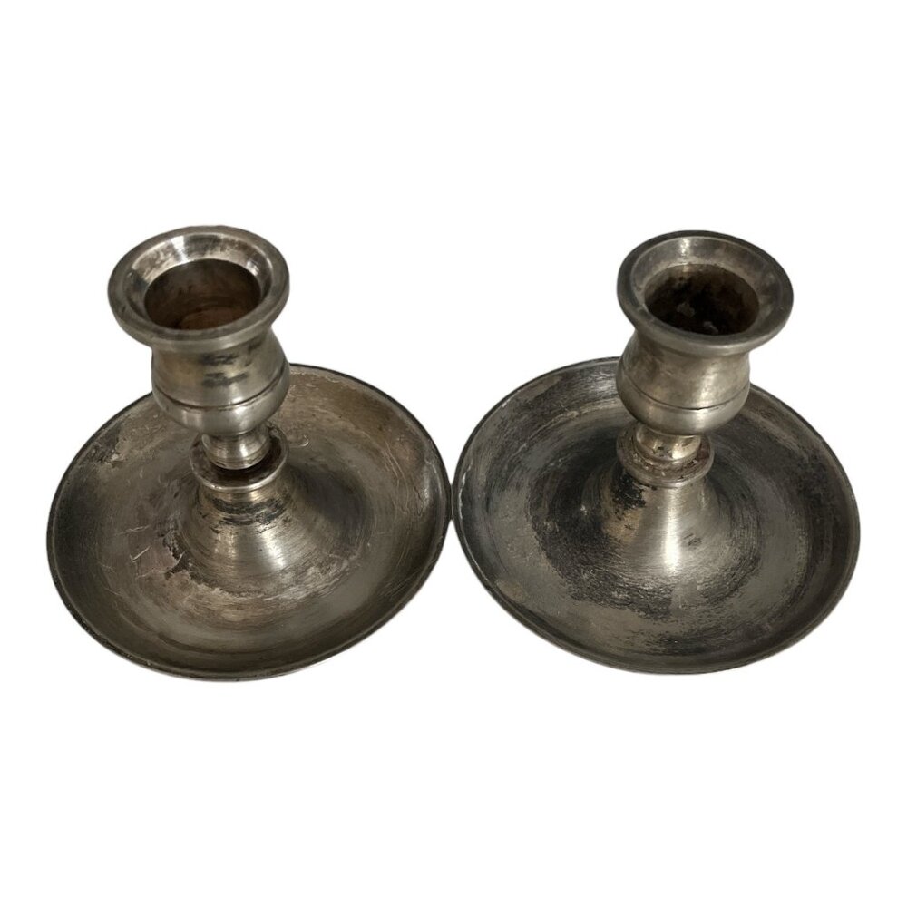 Vintage MCM Made in England Solid Brass Candle Holders Silver Tone Pair 3.5 Inch